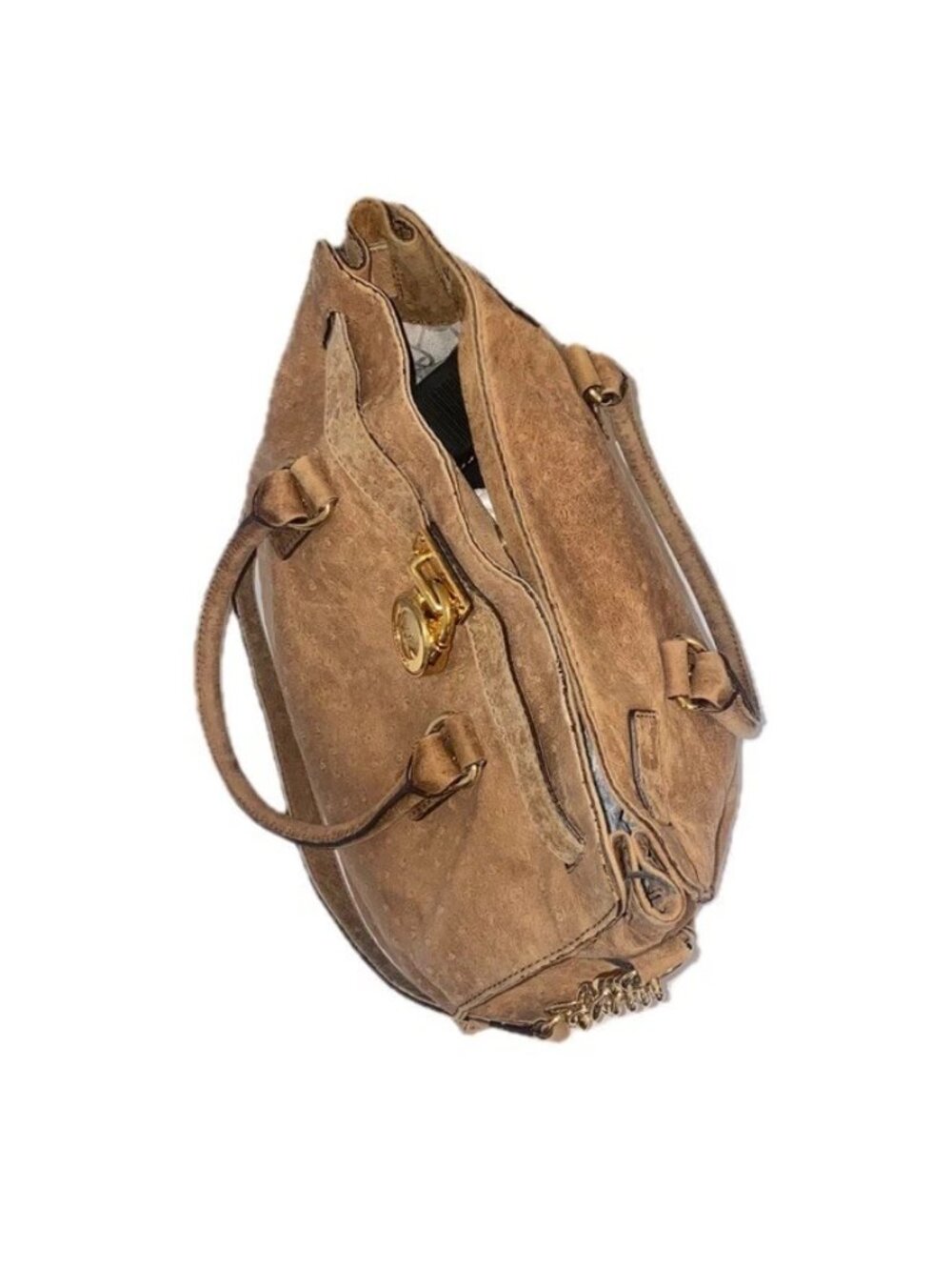 Michael Kors Hamilton Embossed Suede Tote Shoulder Bag in Cognac Ostrich Pattern - Picture 6 of 8